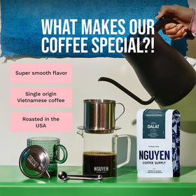 Nguyen Coffee Supply Dalat Arabica bag beside moka pot for manual brew