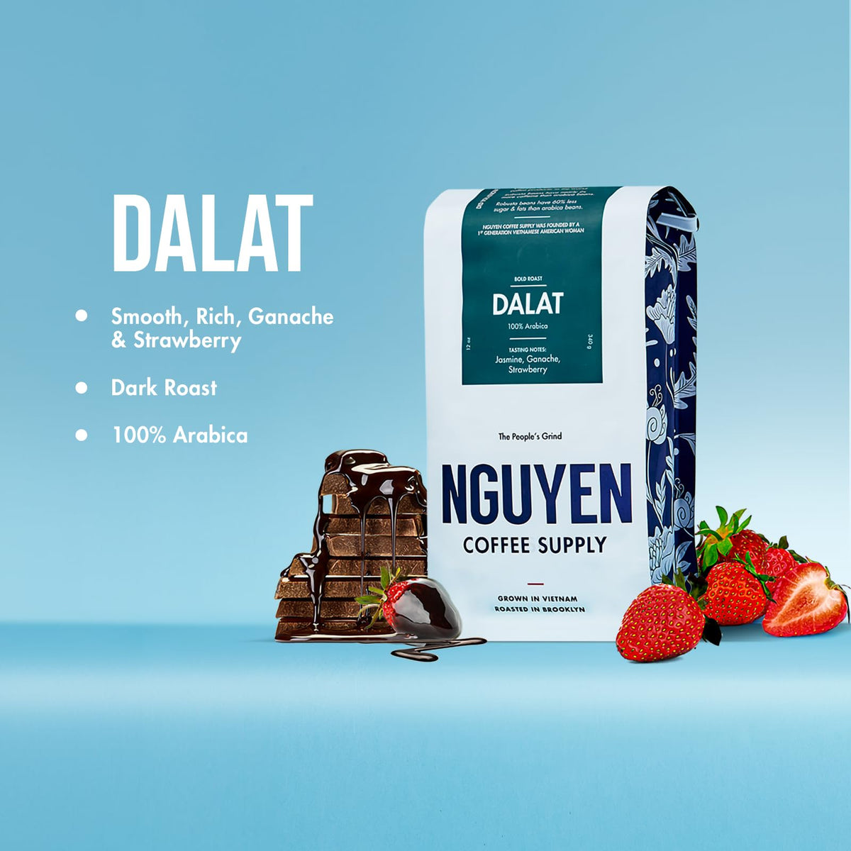 Nguyen Dalat Arabica beans close-up showing natural sweetness and ganache hints