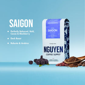 Nguyen Coffee Supply dark roast bag label; premium Vietnamese origin