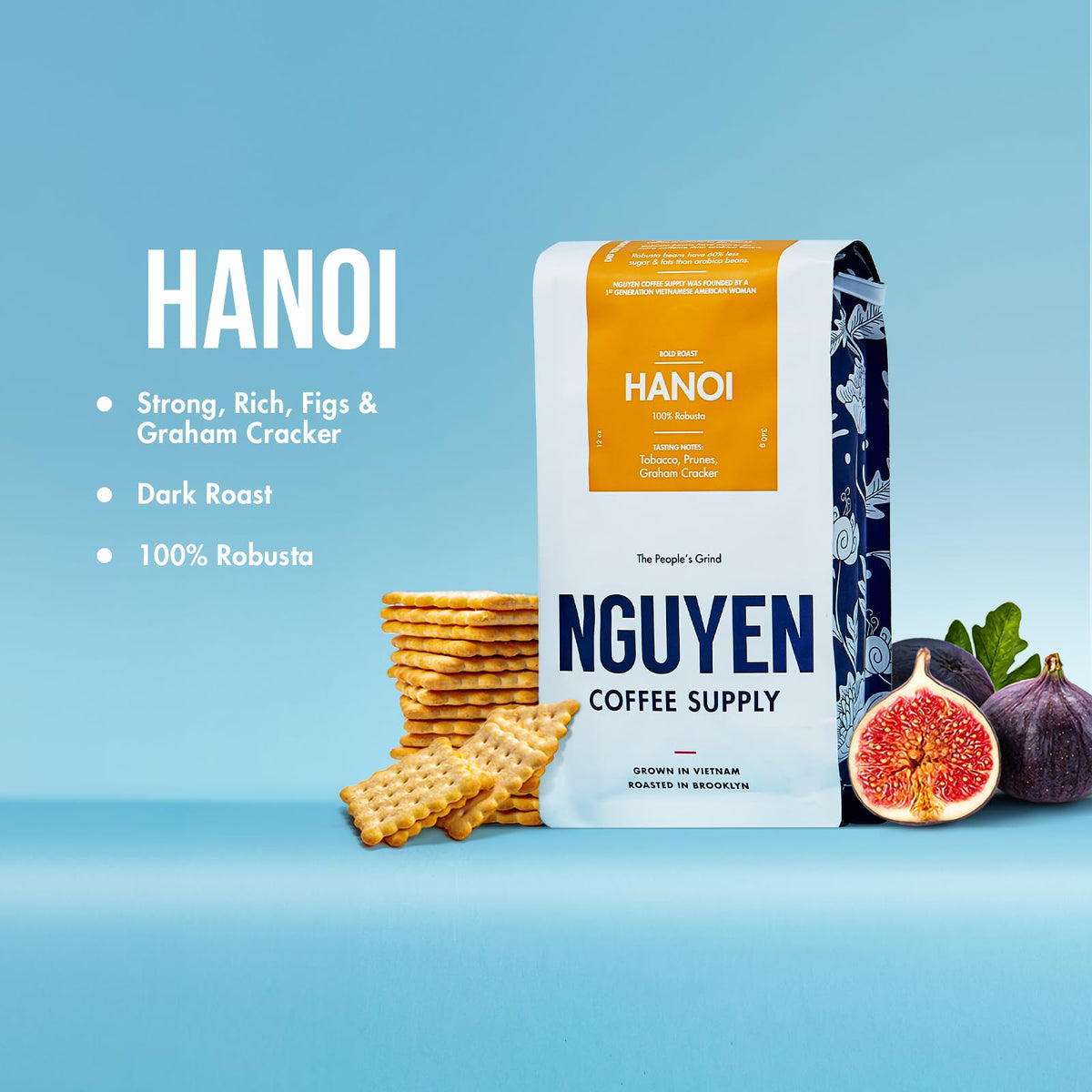 Nguyen Coffee Supply Hanoi Robusta packaging with roast level and freshness cues.