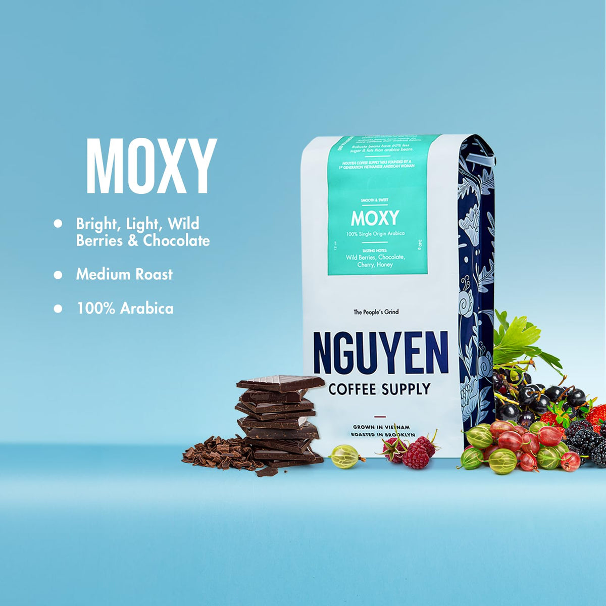 Nguyen Coffee Supply Moxy Arabica whole beans ready for home grinding.
