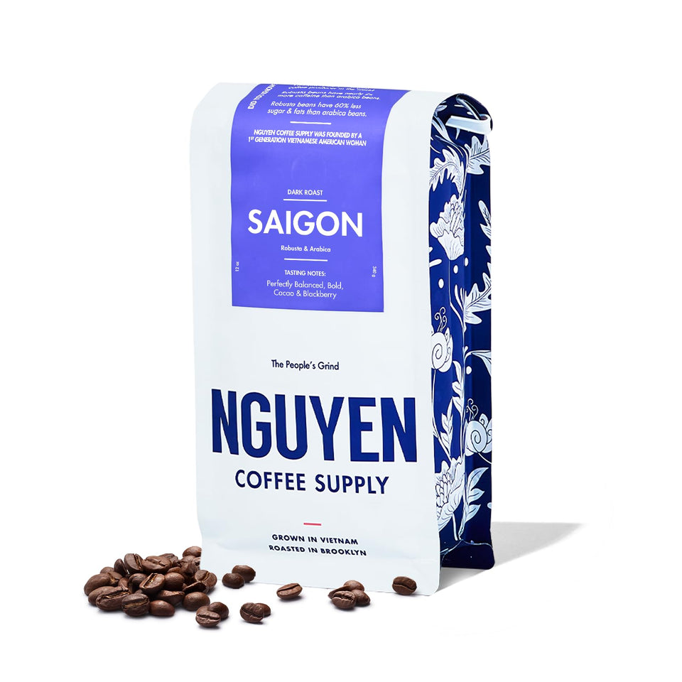 Nguyen Coffee Supply Saigon Robusta-Arabica beans in a bag for a bold brew.
