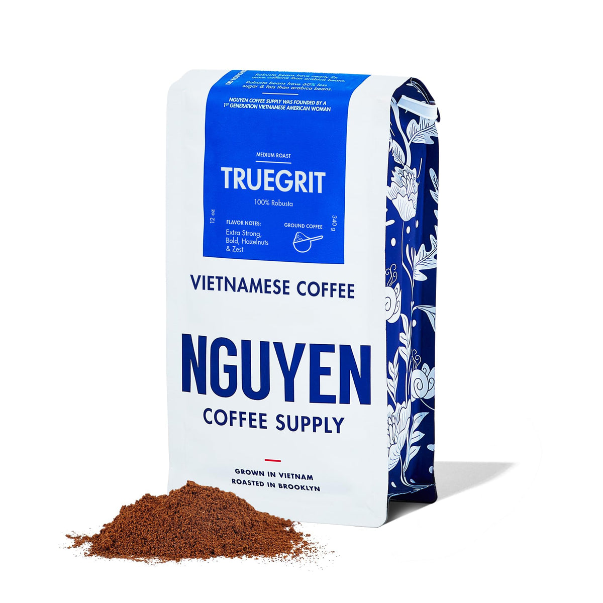 Nguyen Coffee Supply Truegrit Robusta bag showing bold aroma and caffeine boost