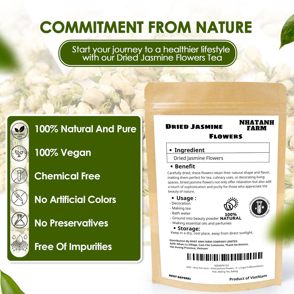 Nhat Anh Farm jasmine buds for tea collection, smooth infusion and light floral notes.
