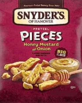 Snyder's Honey Mustard Pretzels 10-pack display; attractive for grab-and-go shoppers.