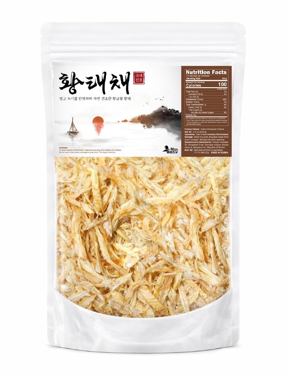 NICE WITCH'S Dried Pollack Shredded 100g packaging shows Korean origin and pantry convenience