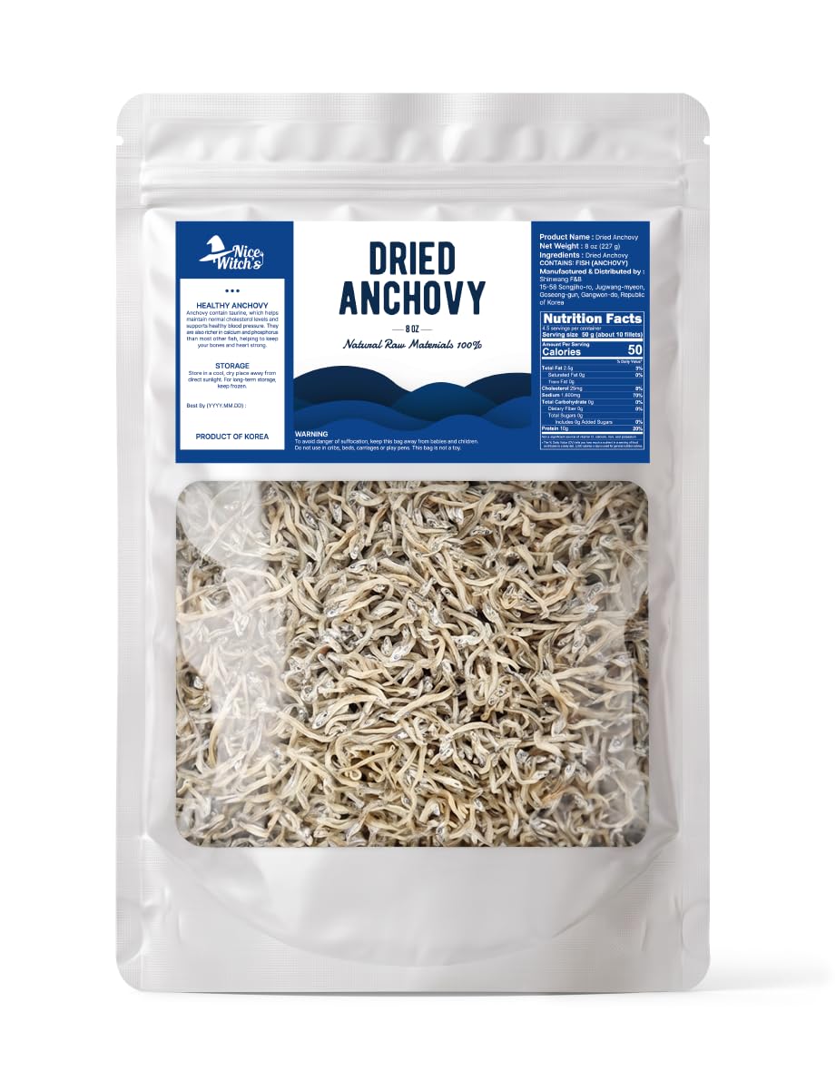 NICE WITCH'S Korean dried anchovy 8oz pack-shot highlighting rich stock potential.