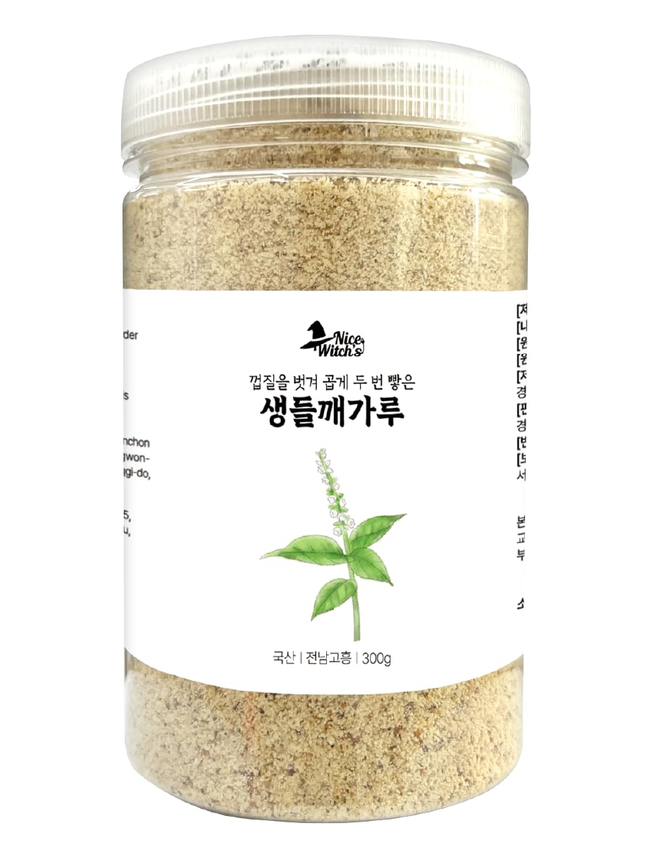 NICE WITCH'S Korean peeled perilla powder bottle showing smooth texture for cooking
