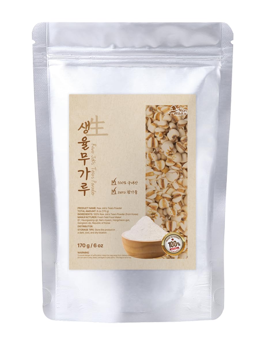 NICE WITCH'S Korean Raw Job's Tears Powder bottle for smoothies and warm beverages.