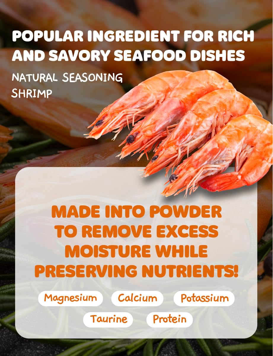 NICE WITCH'S Shrimp Powder jar closeup emphasizes a versatile, MSG-free seasoning option.