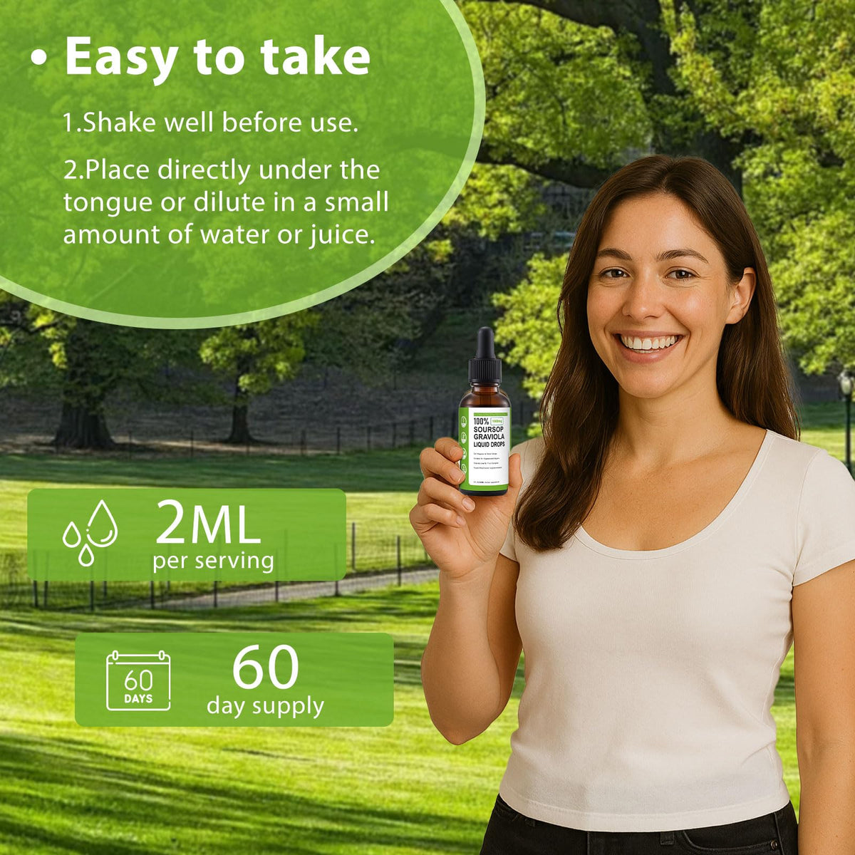 Dropper dispensing Nichalous soursop extract with precise measurement.