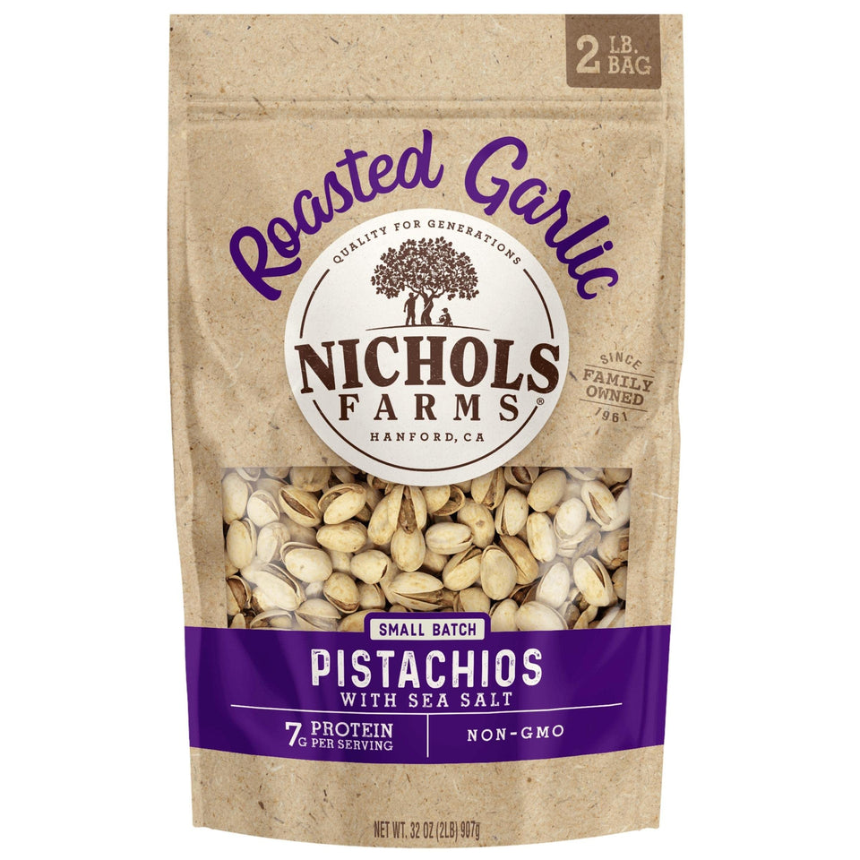 Nichols Farms garlic-in-shell pistachios pack, savory snack with protein and fiber.