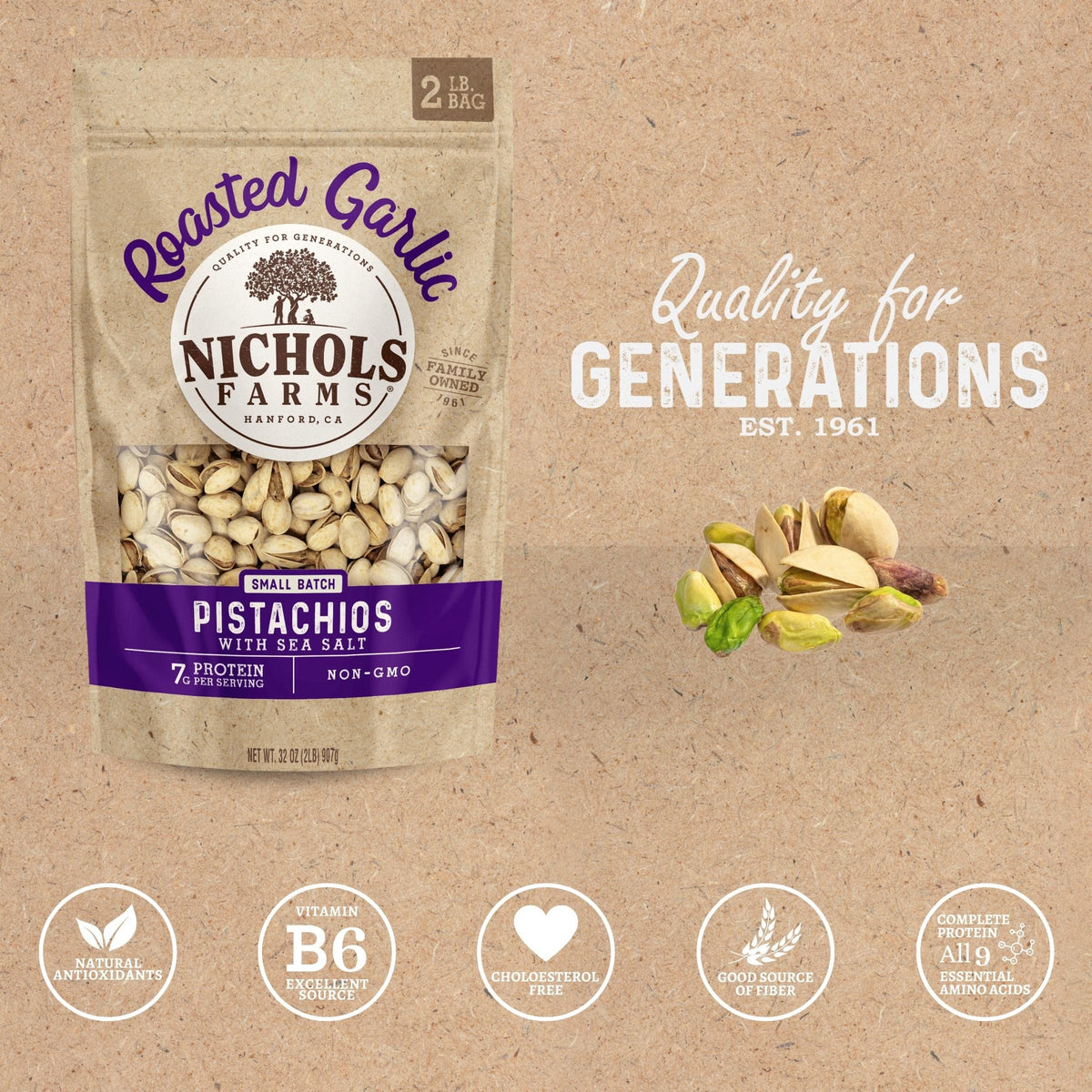 Nichols Farms in-shell pistachios close-up, ideal for party platters.