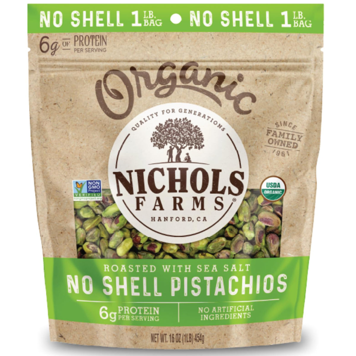 Nichols Farms organic no-shell pistachios roasted with sea salt for a fresh crunch.