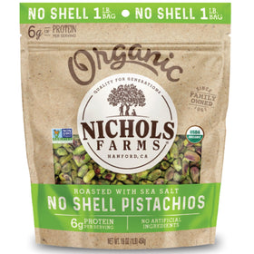 Nichols Farms organic no-shell pistachios roasted with sea salt for a fresh crunch.