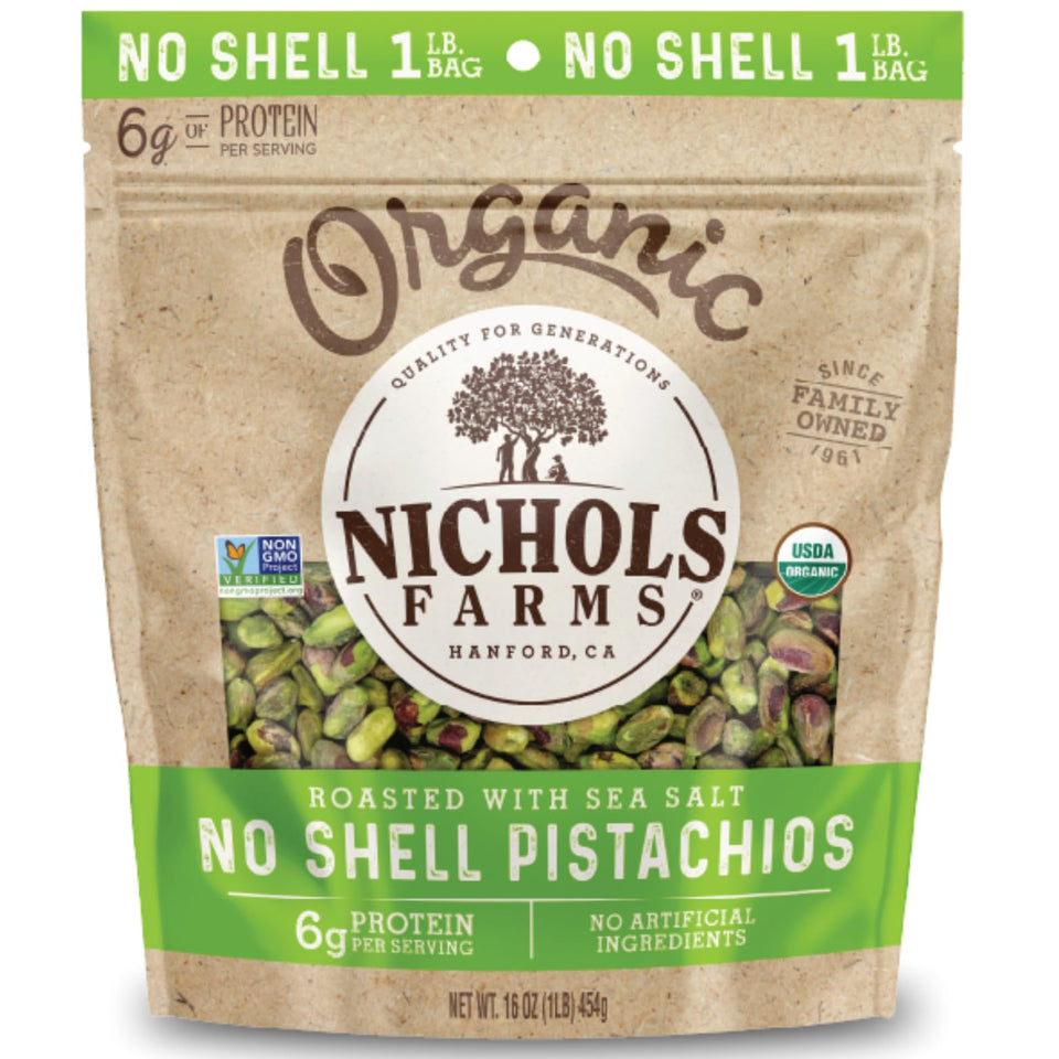 Nichols Farms organic no-shell pistachios roasted with sea salt for a fresh crunch.