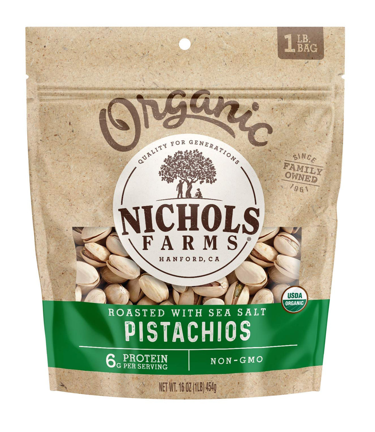 Nichols Farms organic pistachios in shell, roasted with sea salt, savory and crunch-ready for on-the-go.