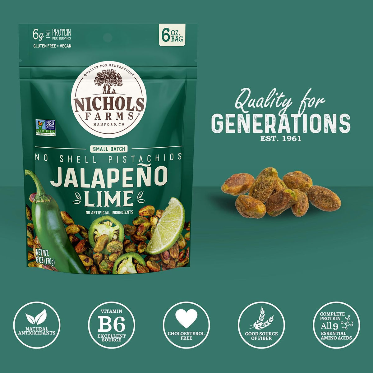 Nichols Farms California-grown label on pistachios pack