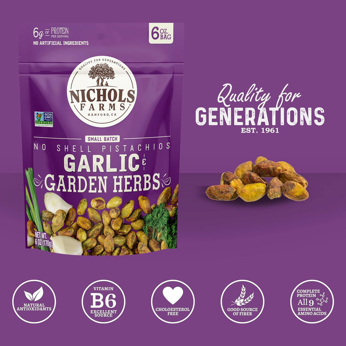 Nichols Farms pistachios California grown and non-GMO for high-quality crunch.
