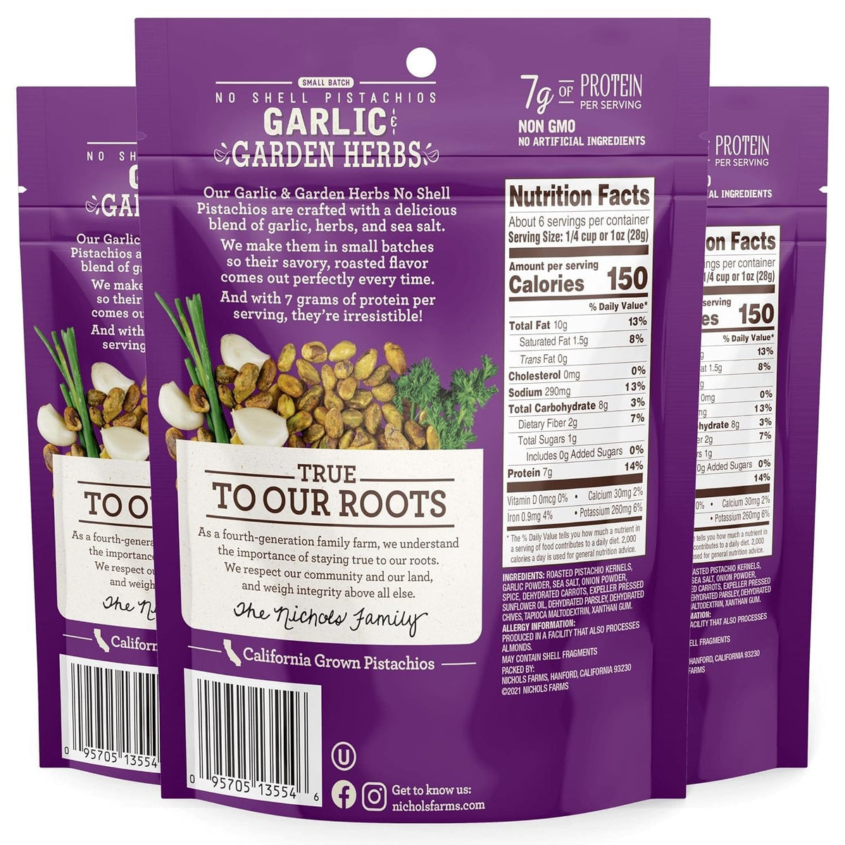 Nichols Farms pistachios with garlic and garden herbs offer aromatic flavor for snacking.