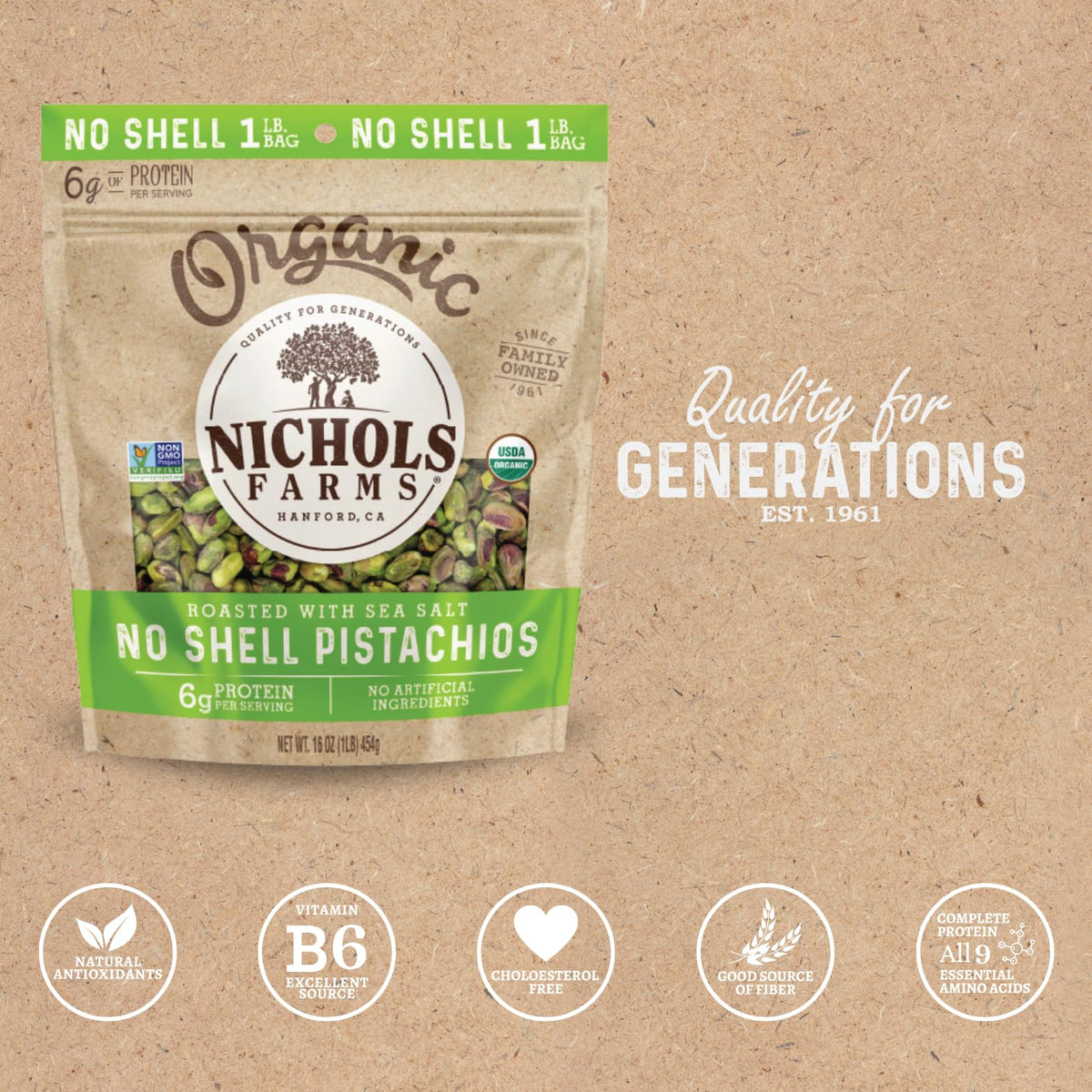 Nichols Farms pistachios in resealable pouch for easy, on-the-go snacking.