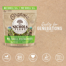Nichols Farms pistachios in resealable pouch for easy, on-the-go snacking.