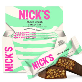 N!CK'S Choco Crush bar close-up with salted corn puffs for a low-sugar treat.