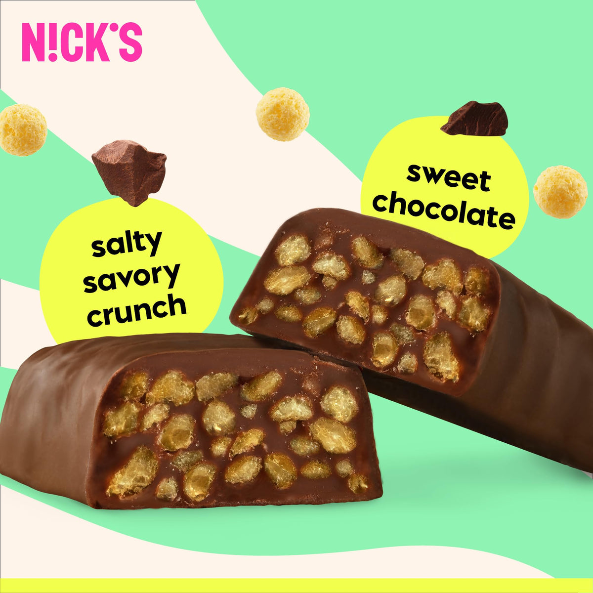 N!CK'S Choco Crush multipack box shows 15 bars for pantry or lunch.