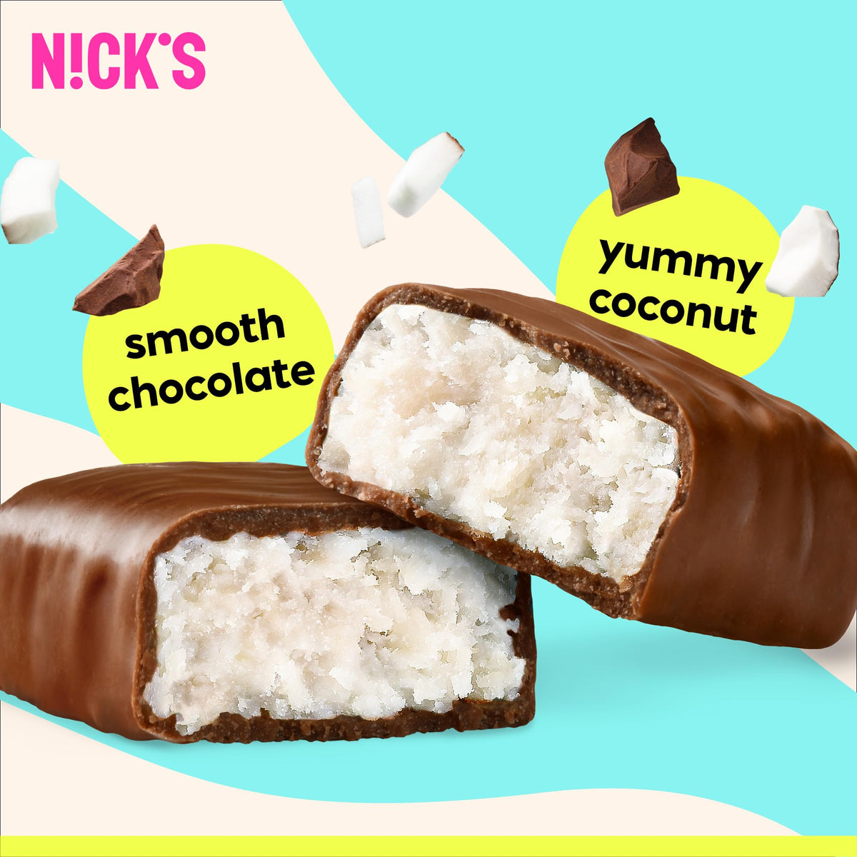 N!CK'S gluten-free keto coconut bar, a chewy tropical treat.
