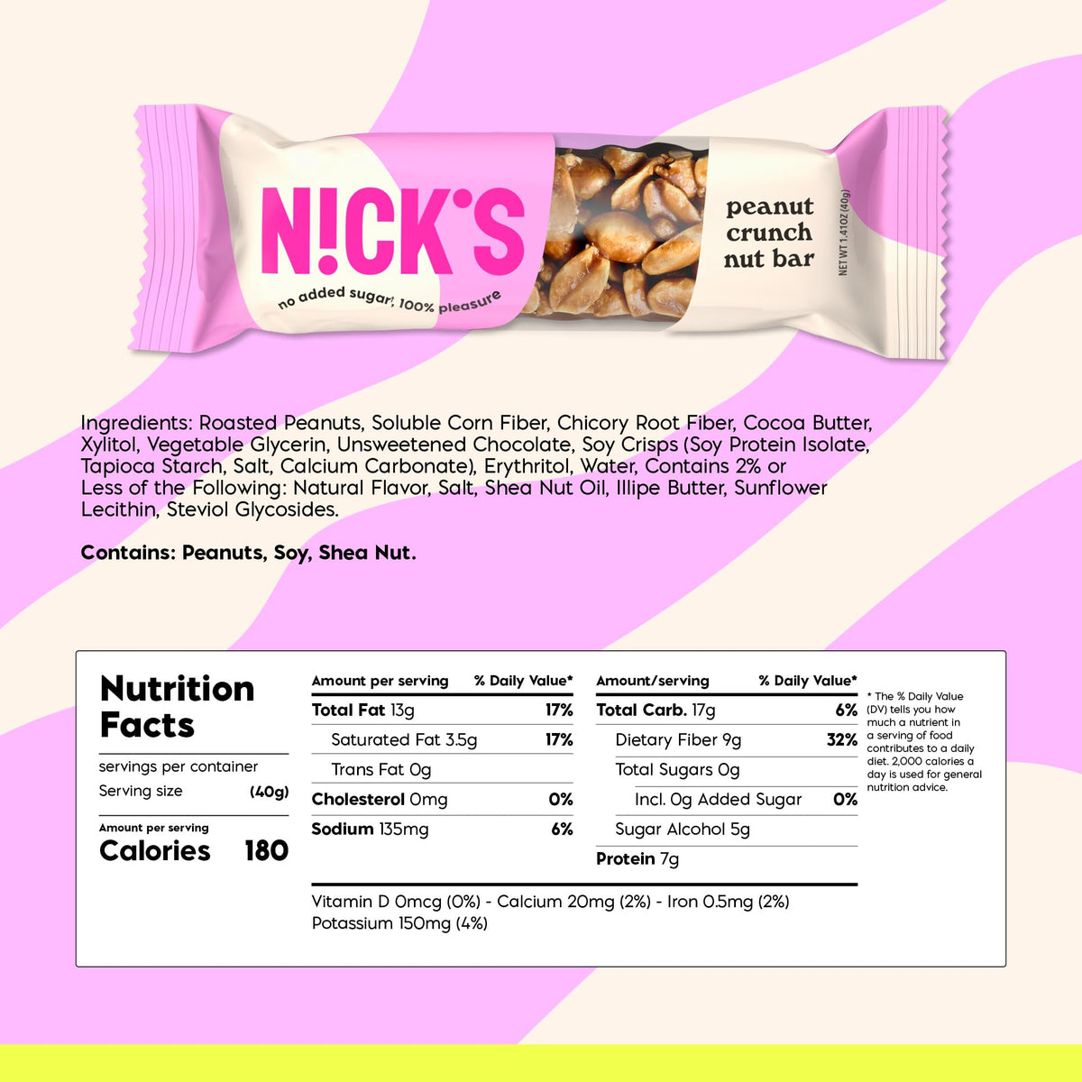 N!CK'S low-calorie snack bar with 180 calories per bar.