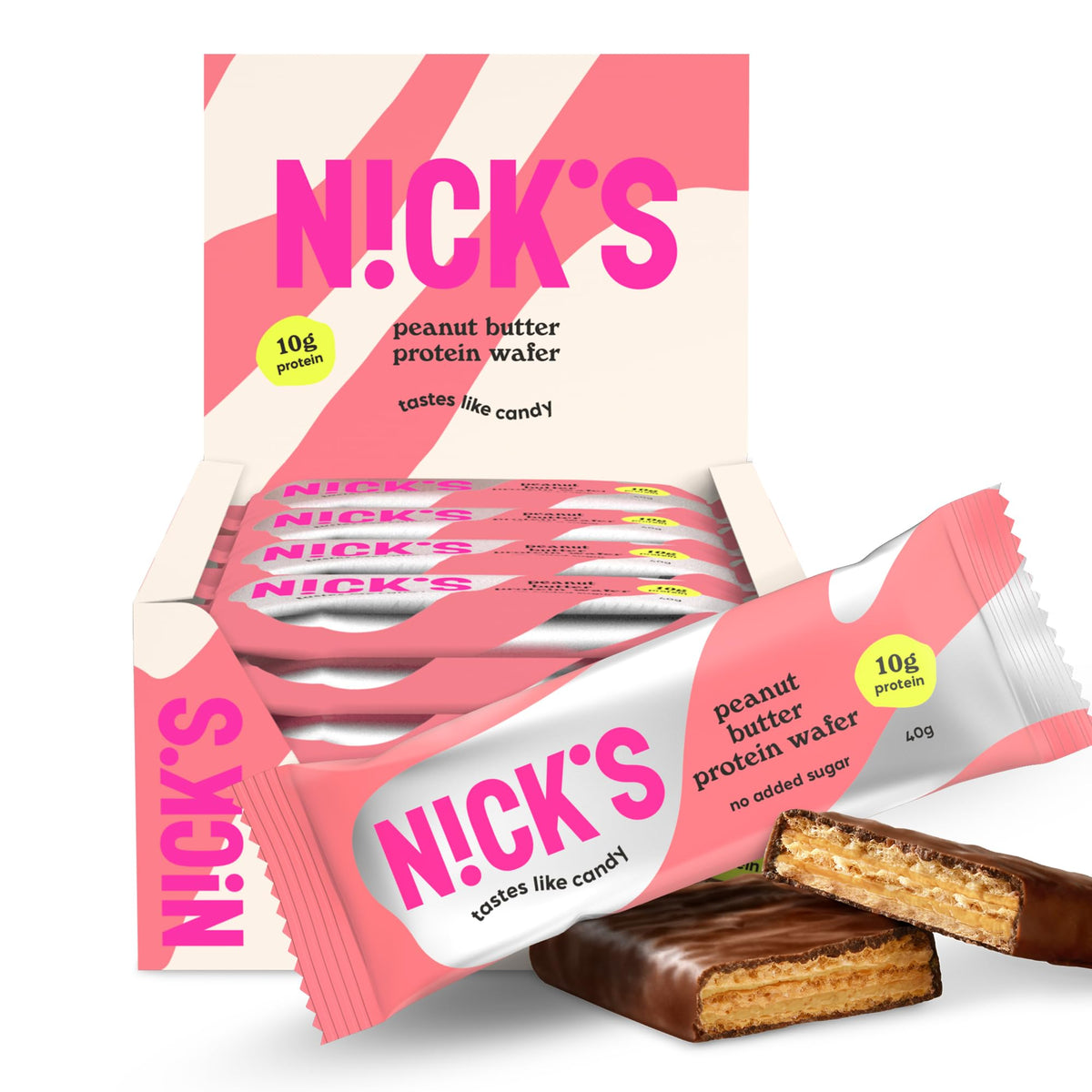 Nick's protein wafer bar peanut butter chocolate coating, a tasty protein snack.