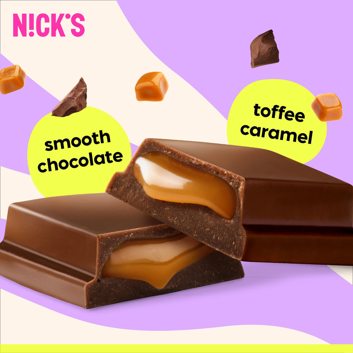 N!CK'S Soft Toffee caramel-core bar cross-section reveals creamy caramel, ideal for sharing-friendly indulgence.