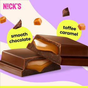 N!CK'S Soft Toffee caramel-core bar cross-section reveals creamy caramel, ideal for sharing-friendly indulgence.