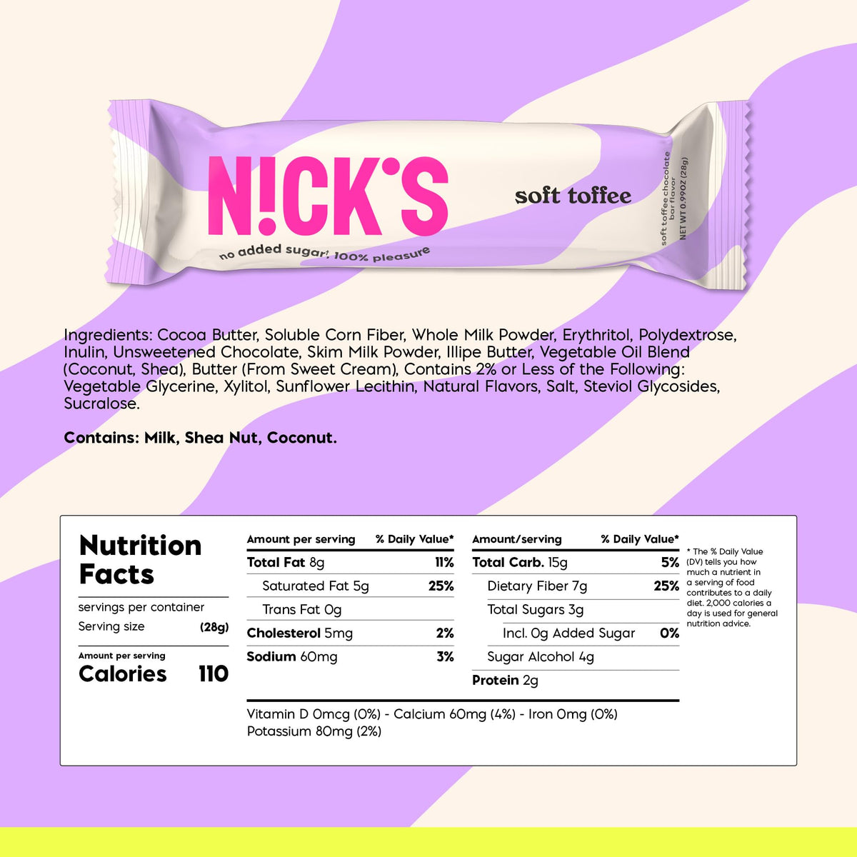 N!CK'S Soft Toffee bar beside coffee, ready for a desk snack.