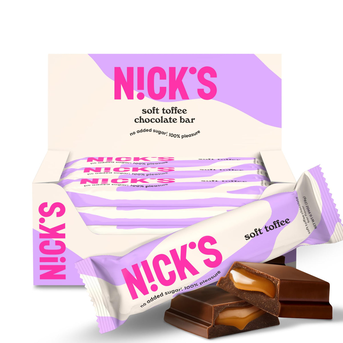 N!CK'S Soft Toffee packaging shows a 15-pack for easy sharing.