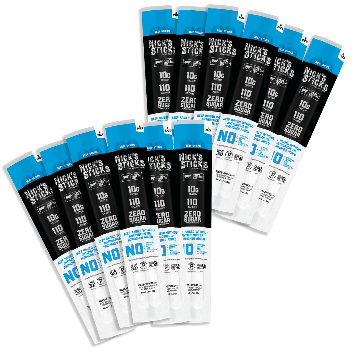 Nick's Sticks Clean & Balanced pack front showing USA-made snack option for on-the-go meals