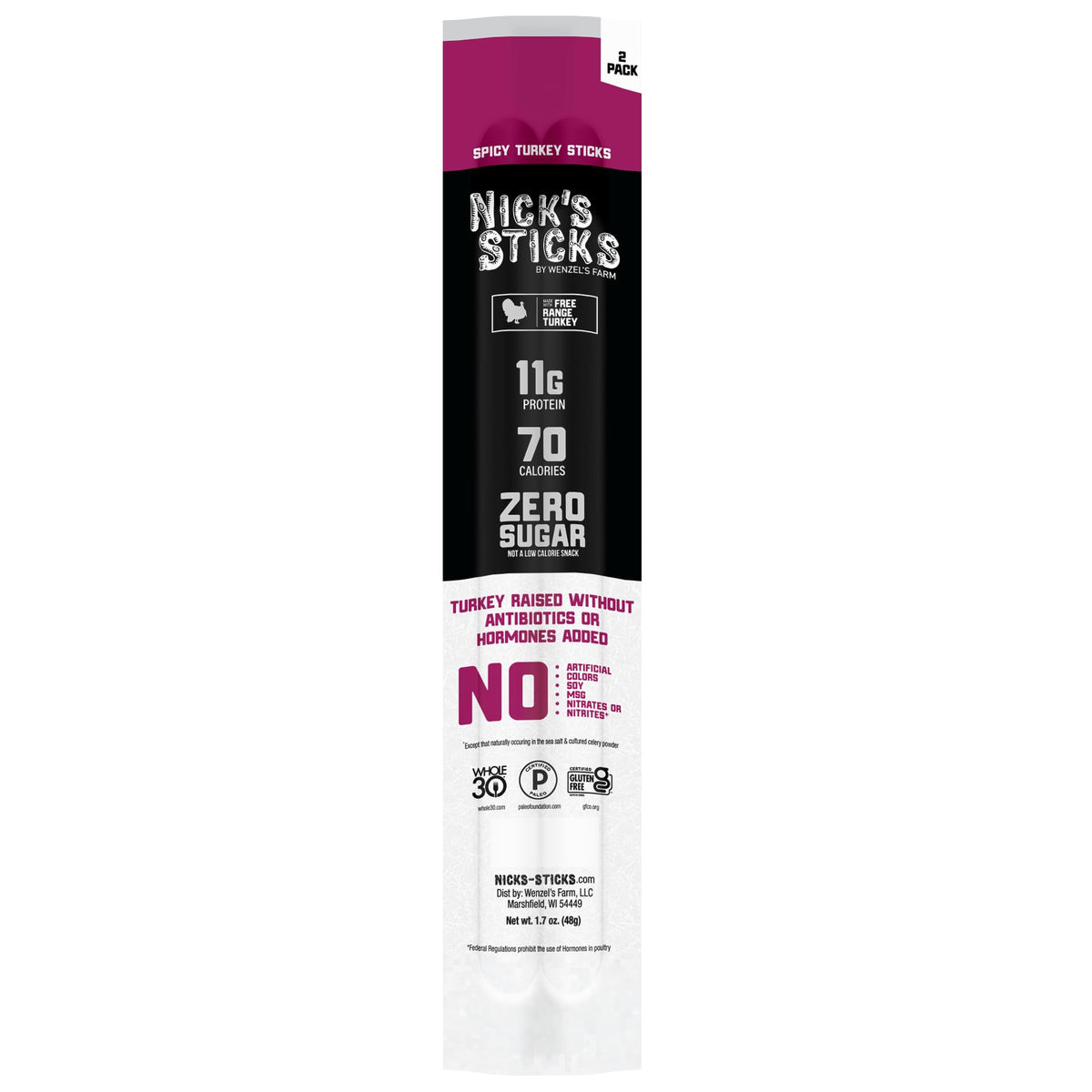 Nick's Sticks Made in USA free-range turkey badge on packaging highlighting quality