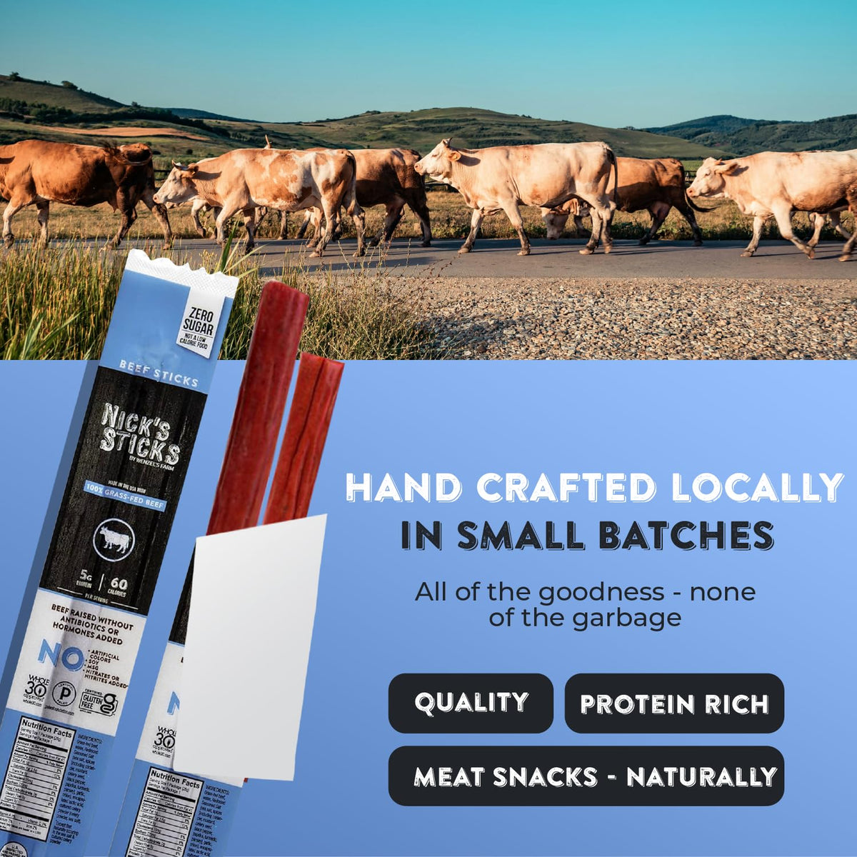 Nick's Sticks no nitrates and no sugar nutrition label promises clean snacking.