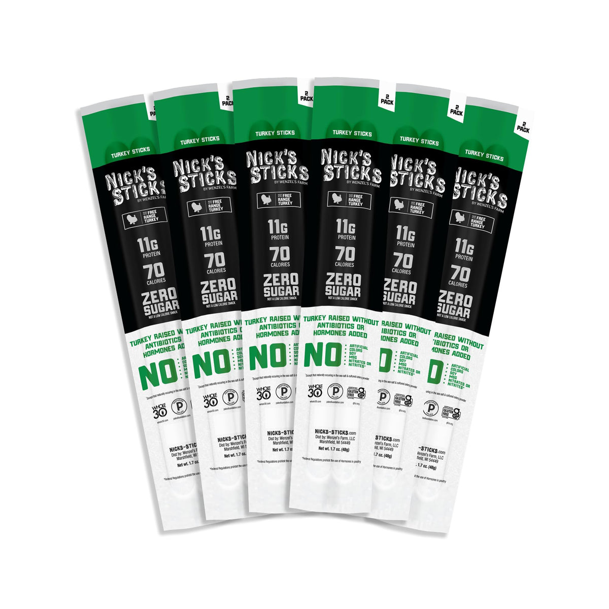Nick's Sticks packaging shows a 6-pack ideal for on-the-go snacking.