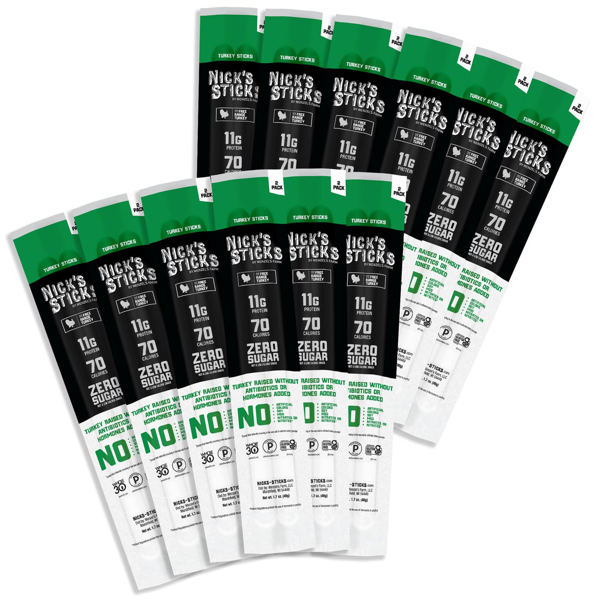 Nick's Sticks Clean & Balanced packaging shows a 12-pack layout for on-the-go snacking