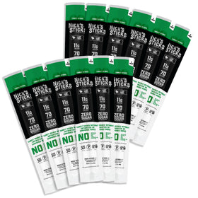 Nick's Sticks Clean & Balanced packaging shows a 12-pack layout for on-the-go snacking