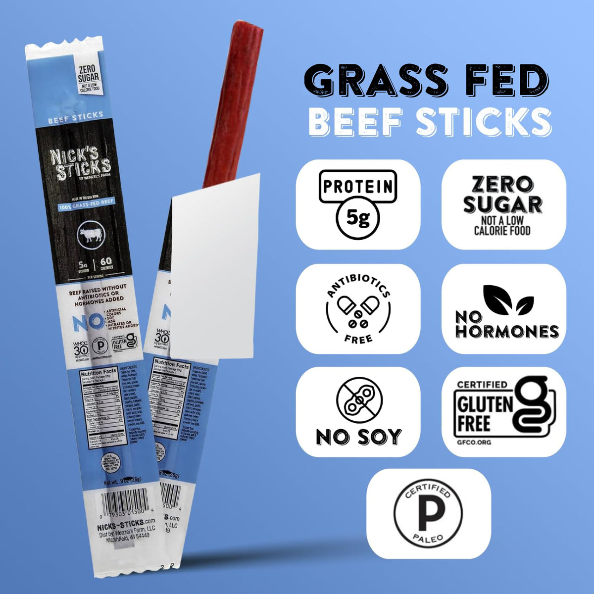 Nick's Sticks nutrition label showcases zero sugar and gluten-free status.