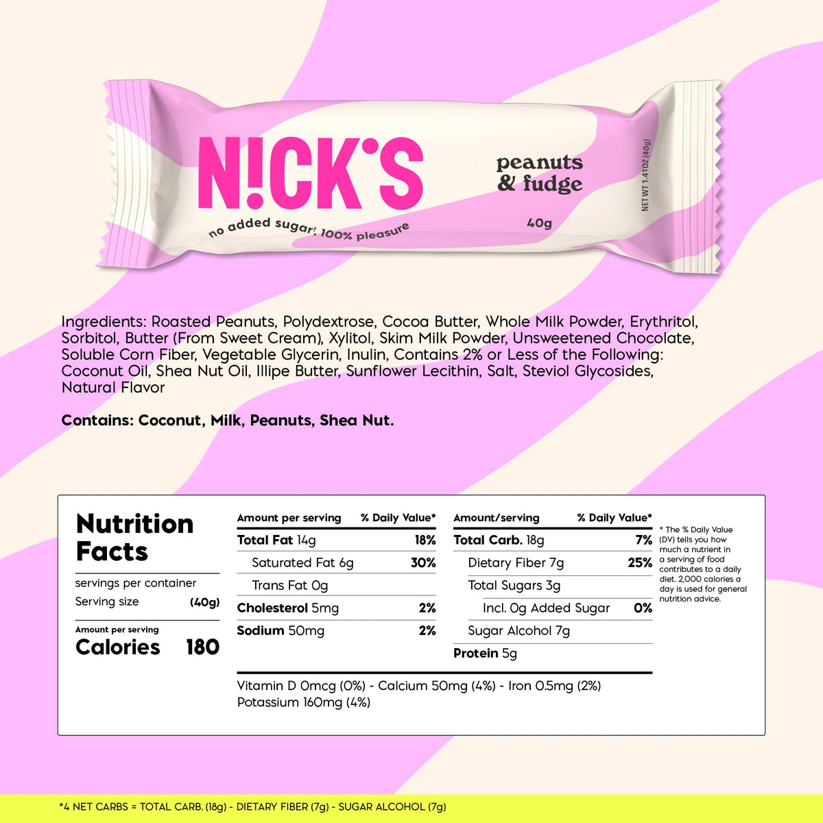 N!CK'S low-carb nutrition panel notes 180 kcal and 4 g net carbs.