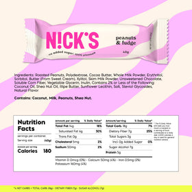 N!CK'S low-carb nutrition panel notes 180 kcal and 4 g net carbs.