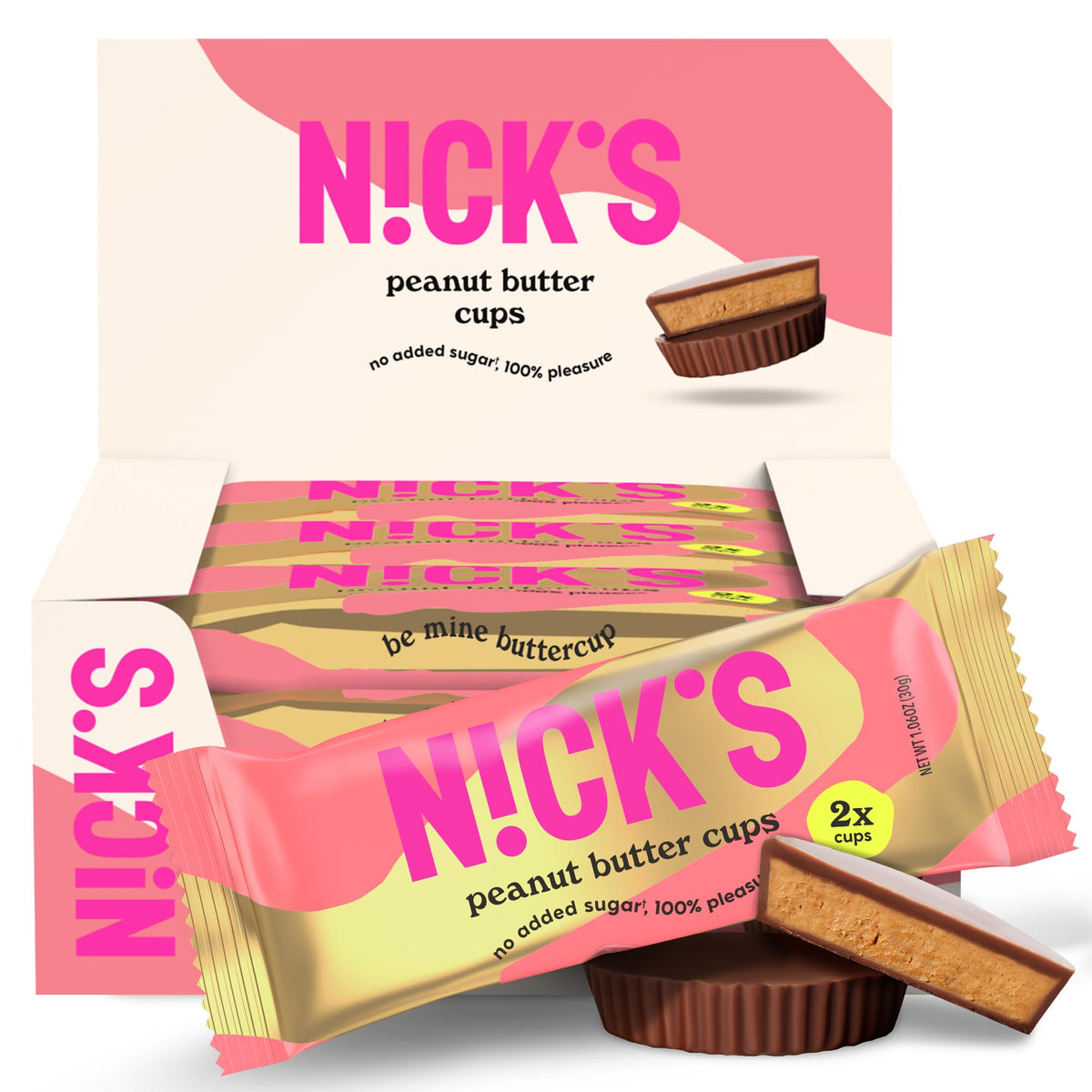 NICKS Peanut Butter Cups pack front highlighting keto, gluten-free, and palm oil free indulgence
