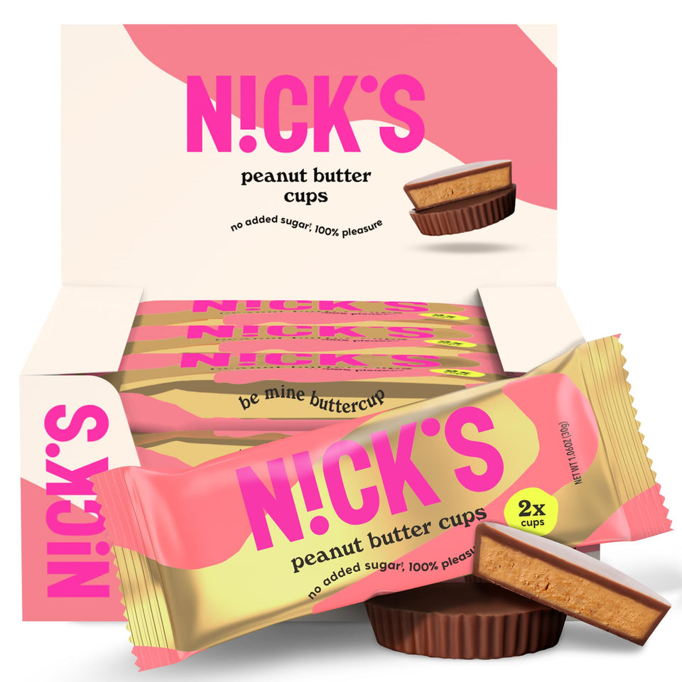 NICKS Peanut Butter Cups pack front highlighting keto, gluten-free, and palm oil free indulgence