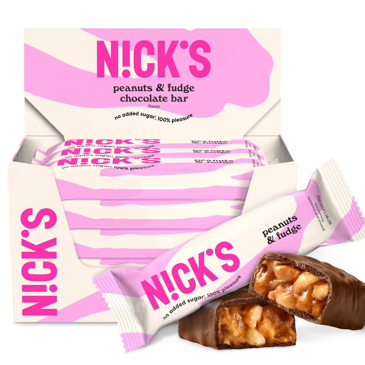 N!CK'S Peanuts & Fudge keto bar on packaging, ideal for quick keto-friendly snacking.