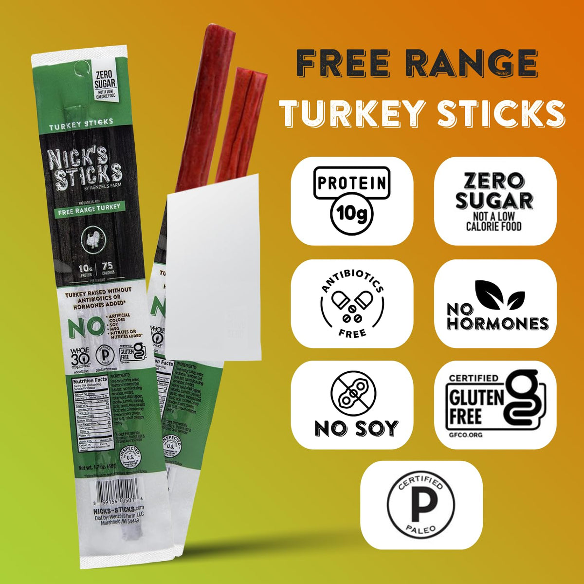 Nick's Sticks 10g protein and 75 calories per 1.7 oz twin package
