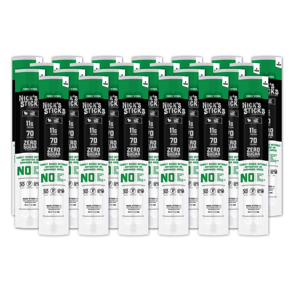 Nick's Sticks clean-balanced free-range turkey snack packaging with 25 packs for on-the-go snacking
