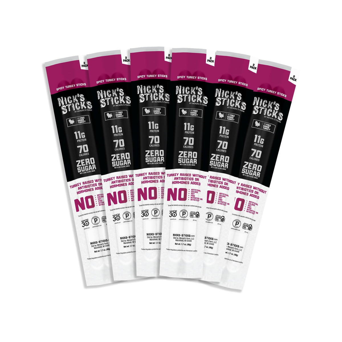 Nick's Sticks packaging showing clean, balanced spicy turkey on-the-go.